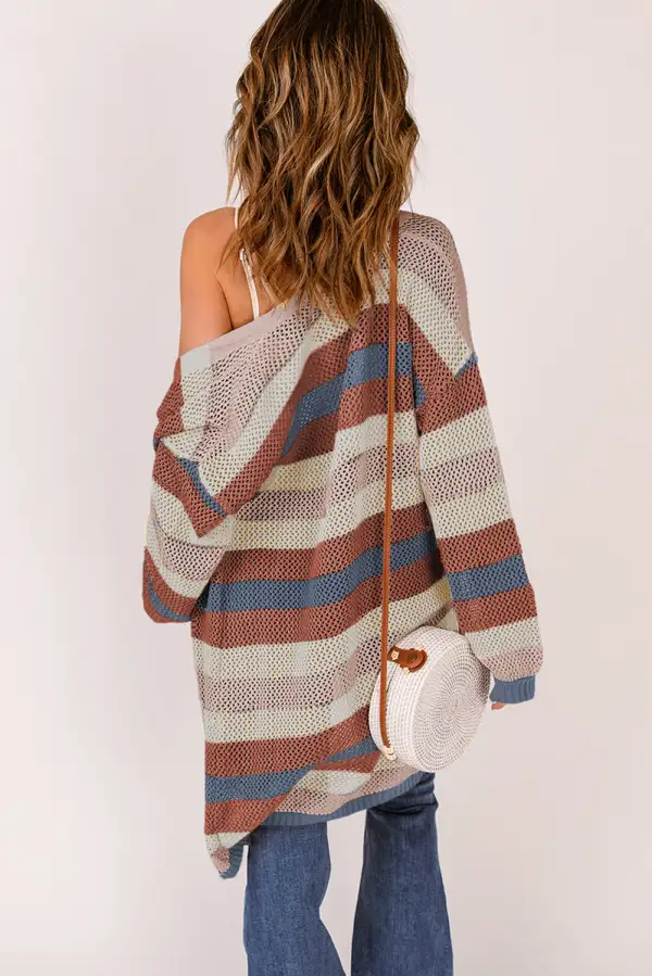 Striped Color Block Openwork Knit Cardigan