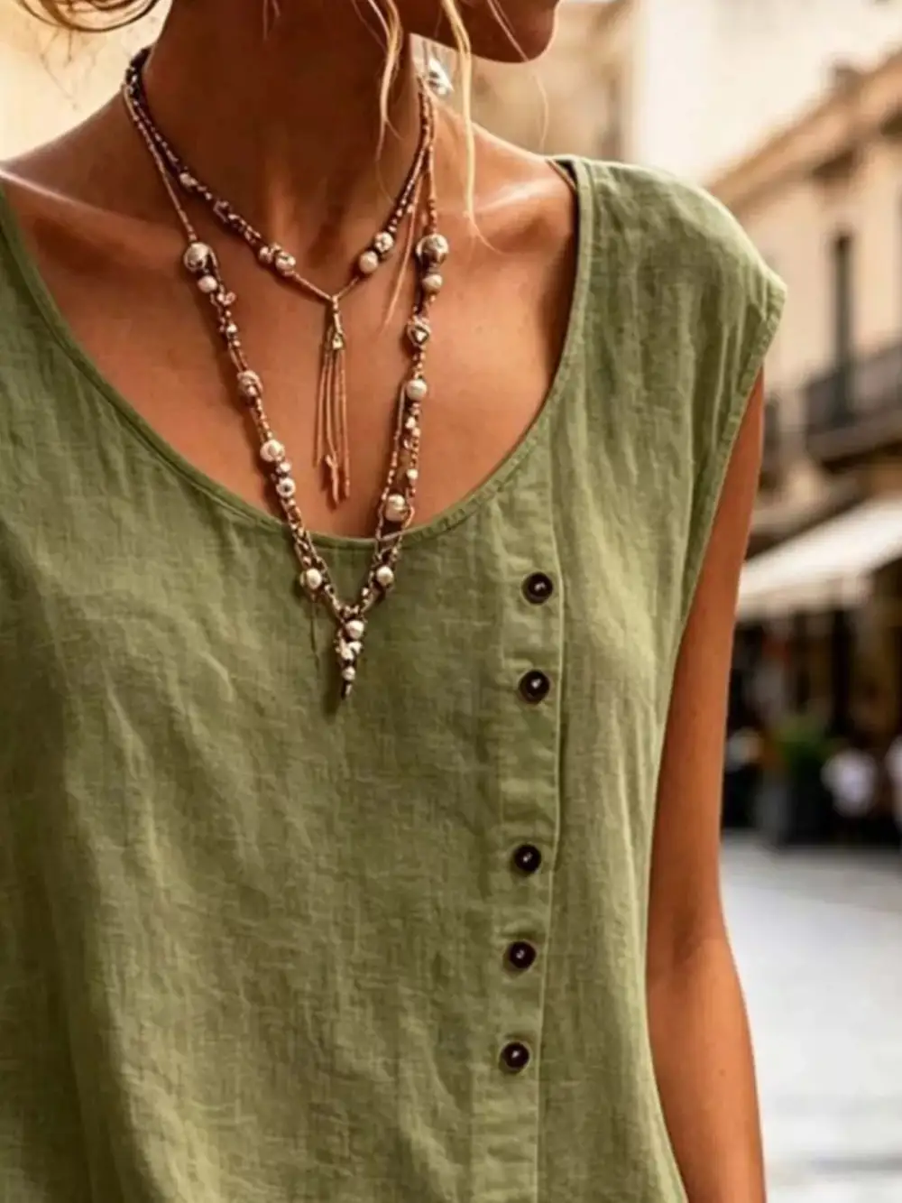 Round-Neck Button-Detail Tank Top