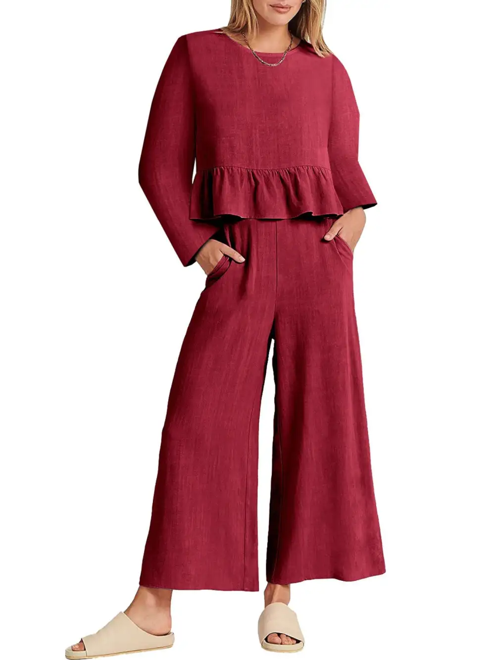 Ruffled Hem Long Sleeve Top and Pants Set