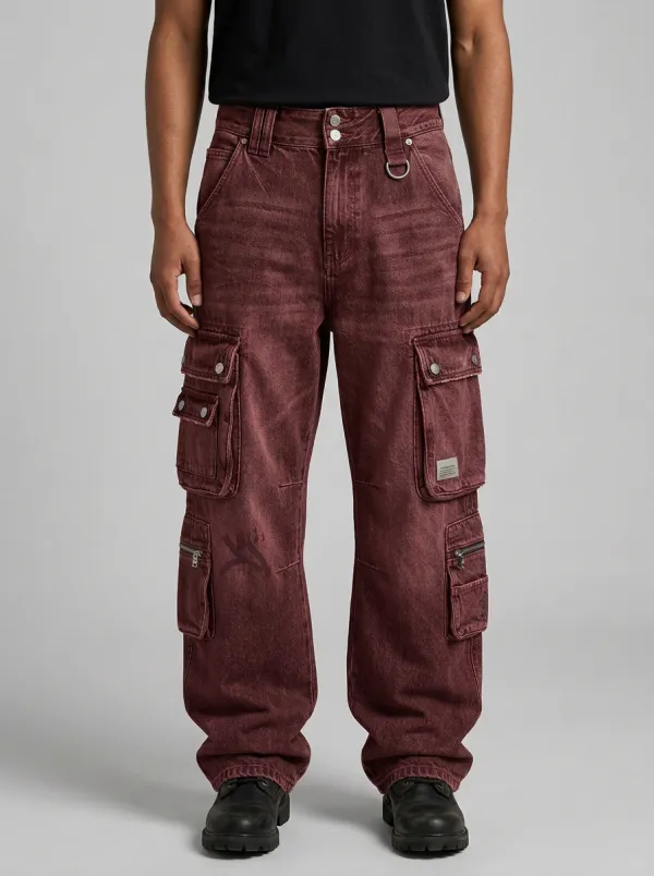 Men's Streetwear Graffiti Washed Denim Graphic Cargo Pants