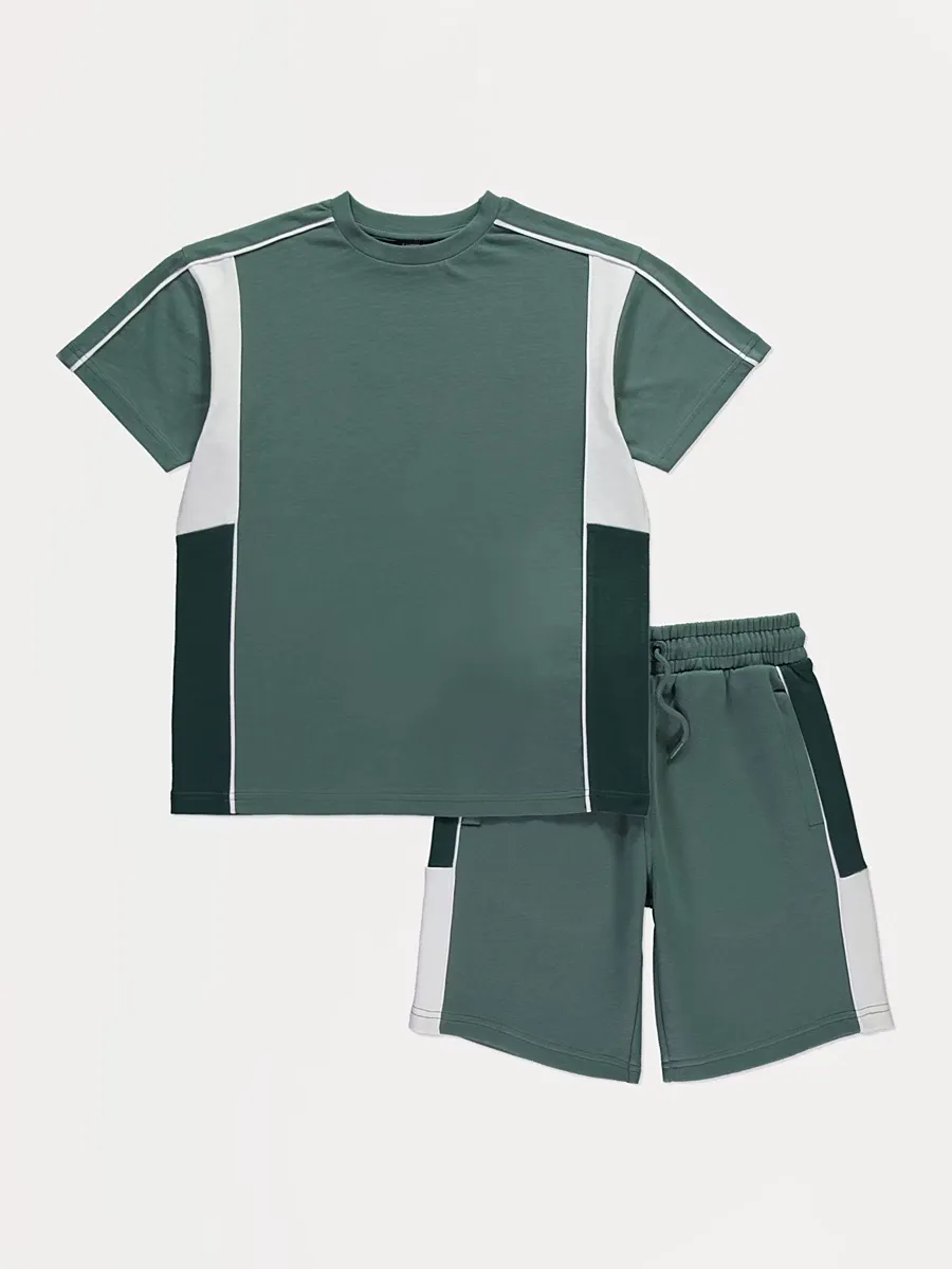 Khaki Block Panel T-Shirt and Shorts Set