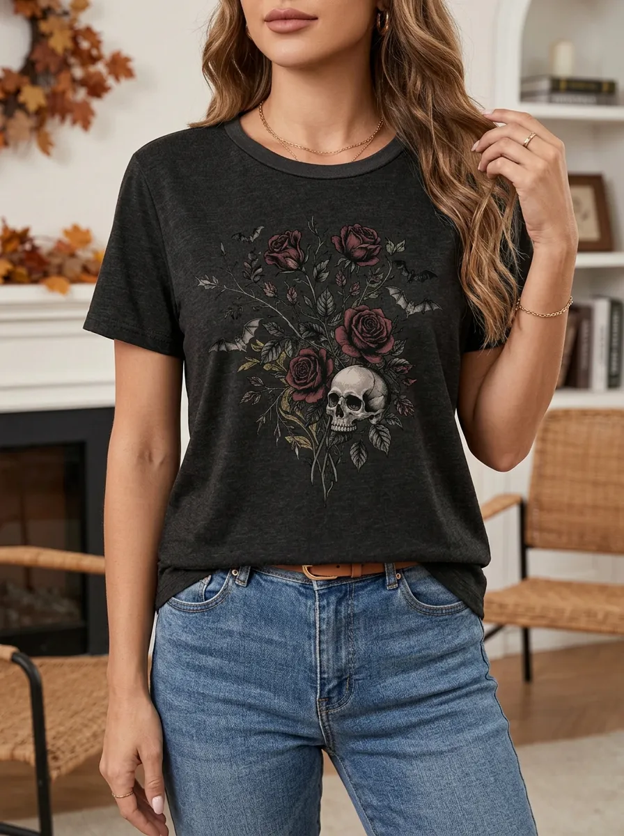 Women's Halloween Gothic Skull Rose Bat Crew Neck Graphic T-Shirt