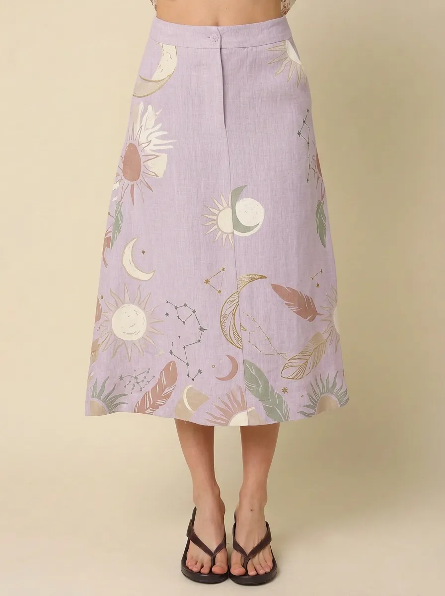 Women's Celestial Boho Sun Moon Feather Printed Skirt