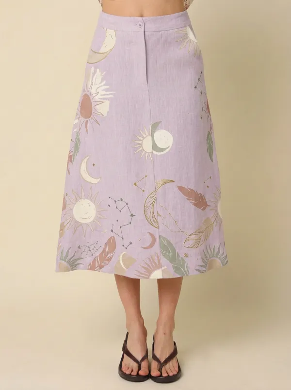 Women's Celestial Boho Sun Moon Feather Printed Skirt