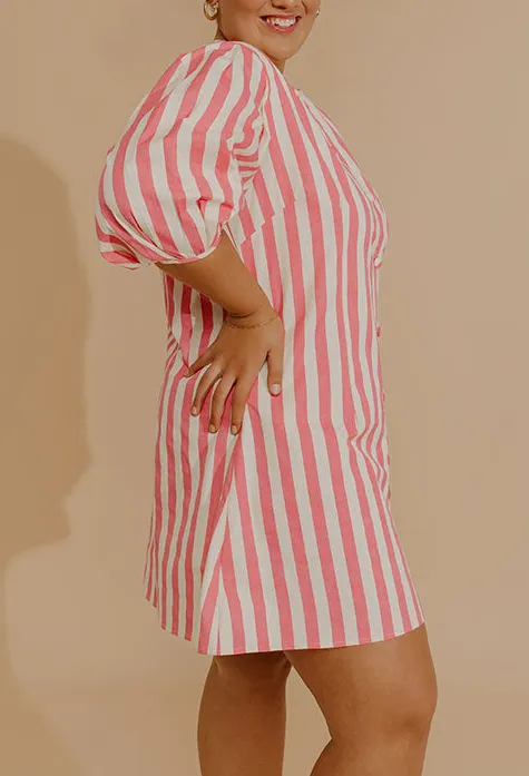 Button-Front Striped Round Neck Three-Quarter Sleeve Mini Dress