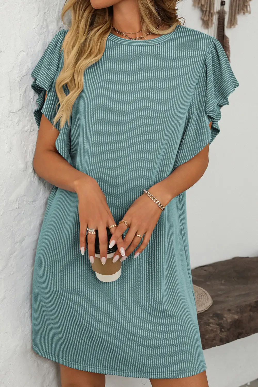 Corded Ruffle Sleeve Crew Neck Shift Dress