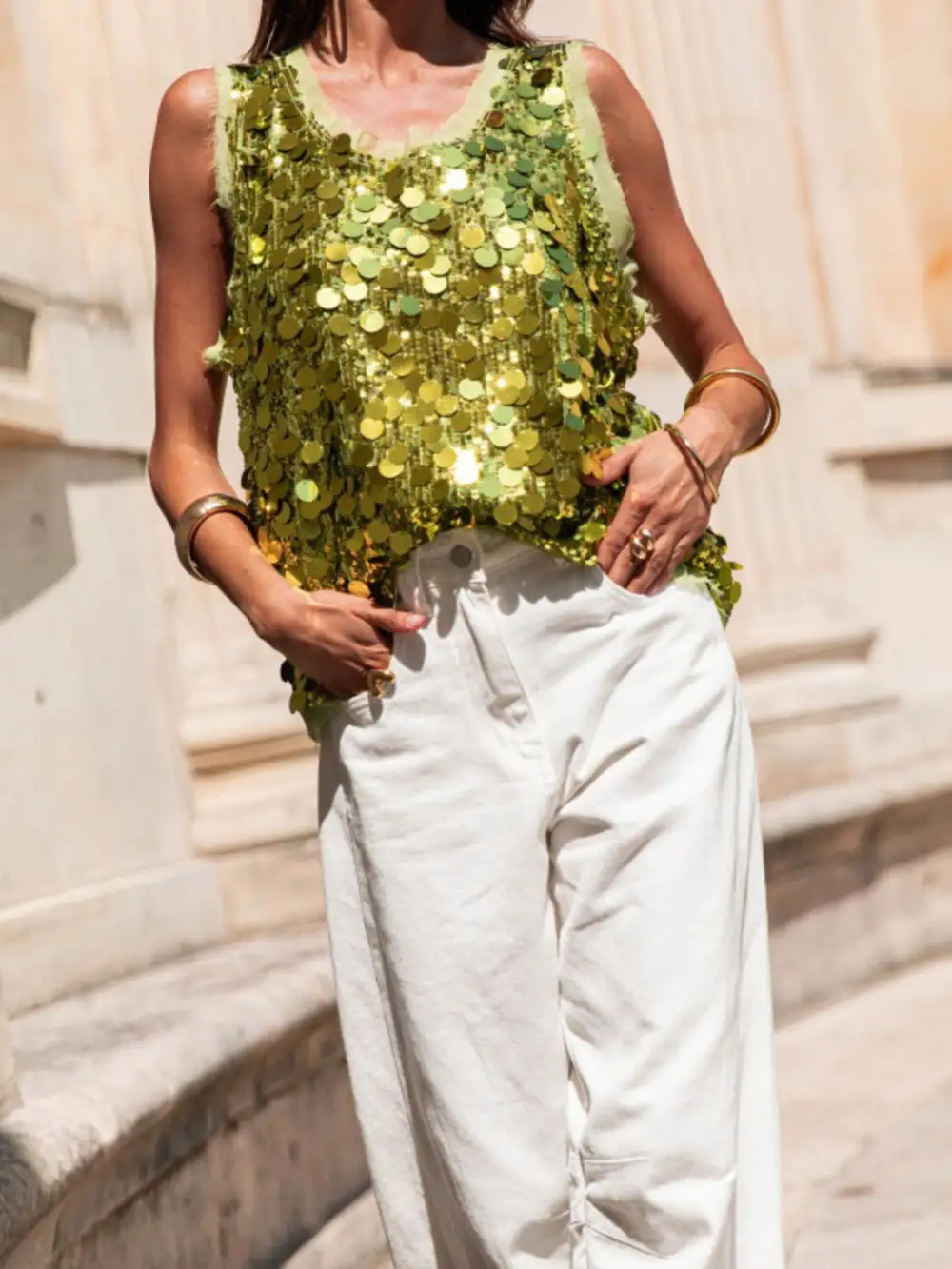 Round-Neck Sequined Tank Top