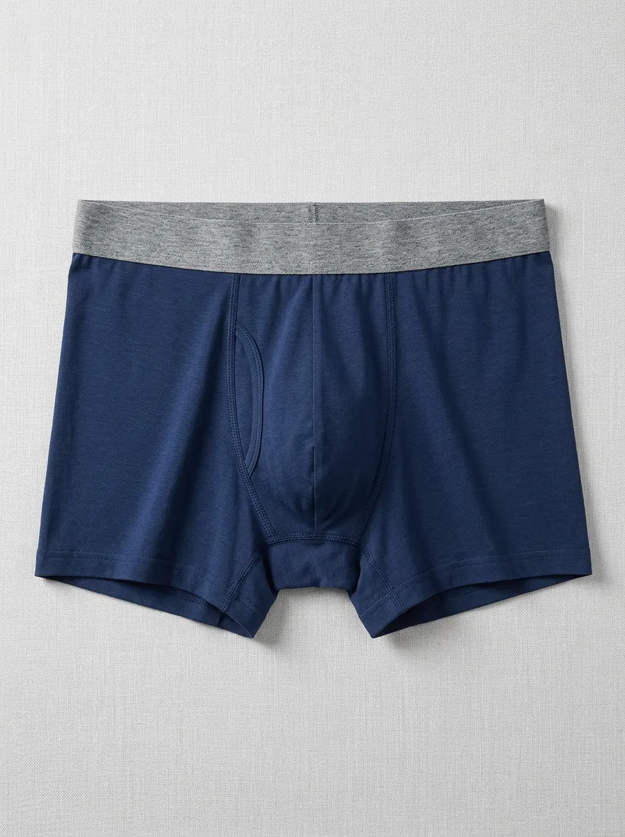 Men's Solid Navy Blue Grey Waistband Cotton Boxer Briefs