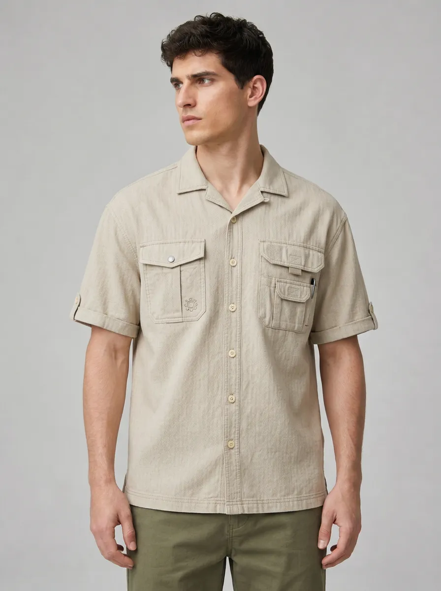 Men's Casual Beige Utility Pocketed Short Sleeve Shirt