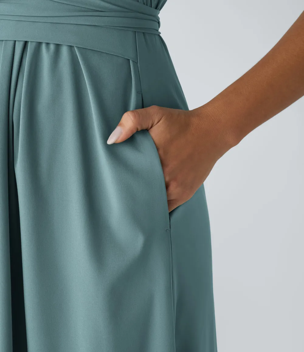 Breezeful V Neck Short Sleeve Side Pocket Tie Back Quick Dry Midi Casual Dress