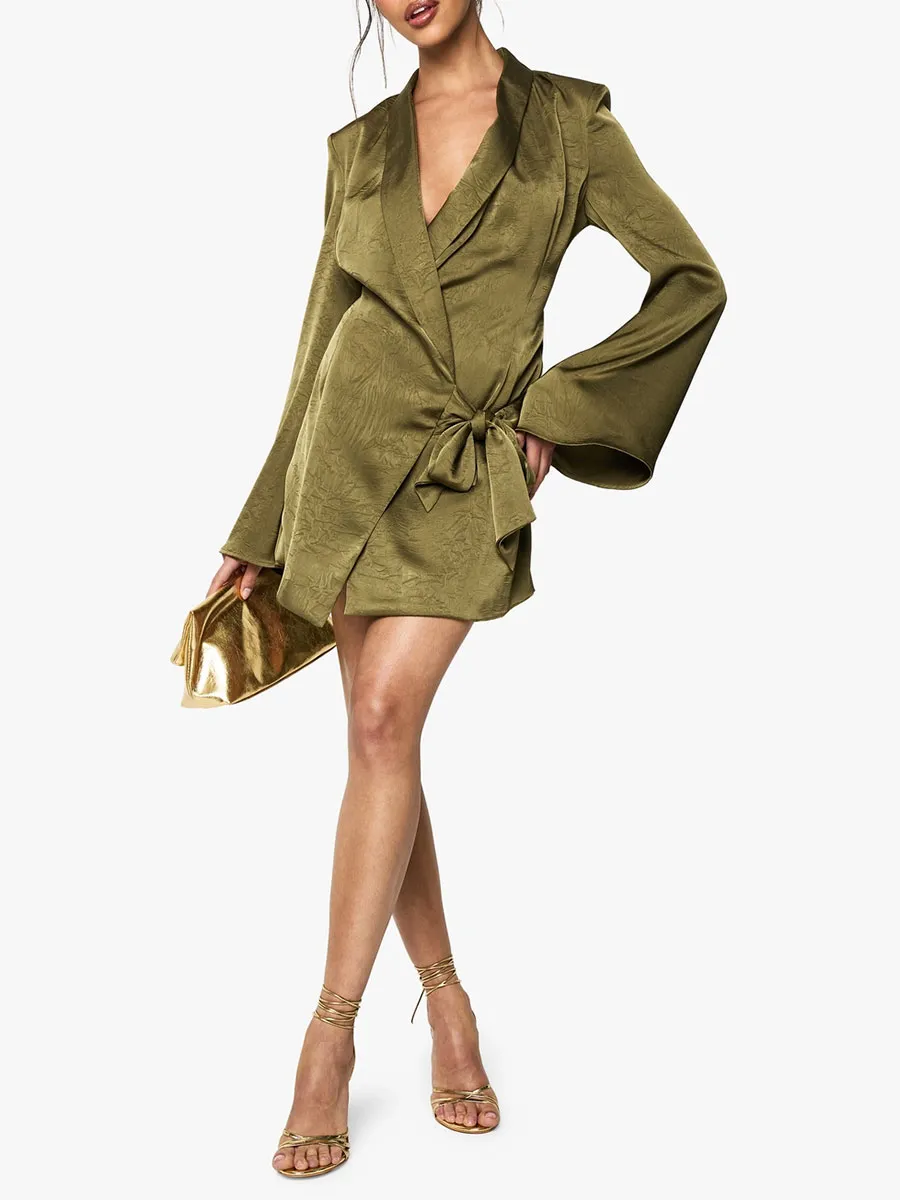 Olive Green Belted Asymmetric Blazer Dress