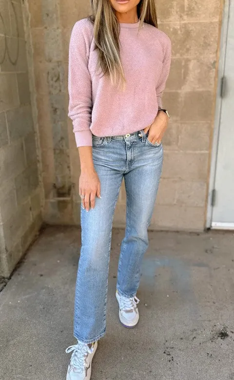 Light Pink Textured Long Sleeve Crewneck Top