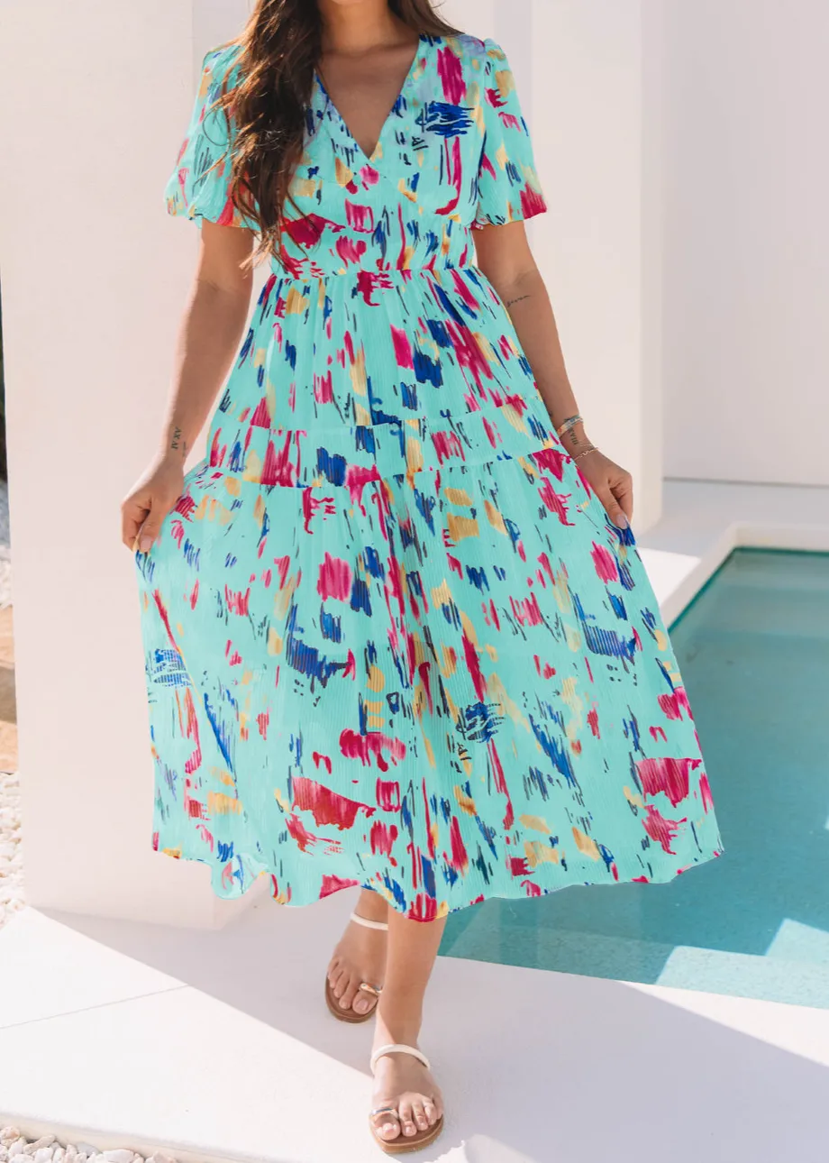Sky Abstract Print Short Puff Sleeve Tiered Maxi Dress