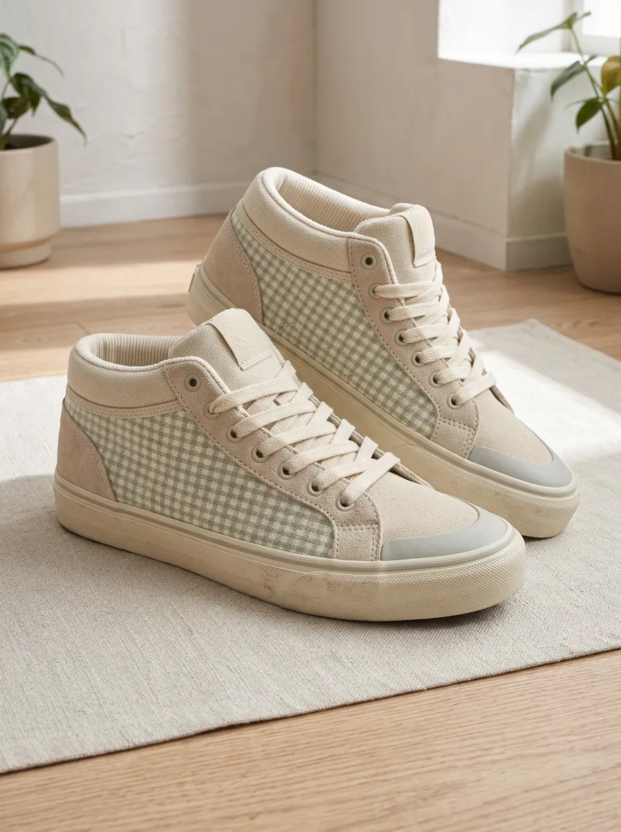 Women's Casual Beige Gingham Plaid Printed Sneakers