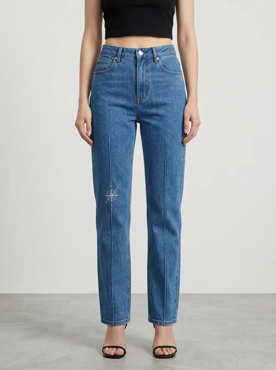 Women's Compass Embroidered Right-Thigh Front-Seam High-Rise Straight-Leg Jeans