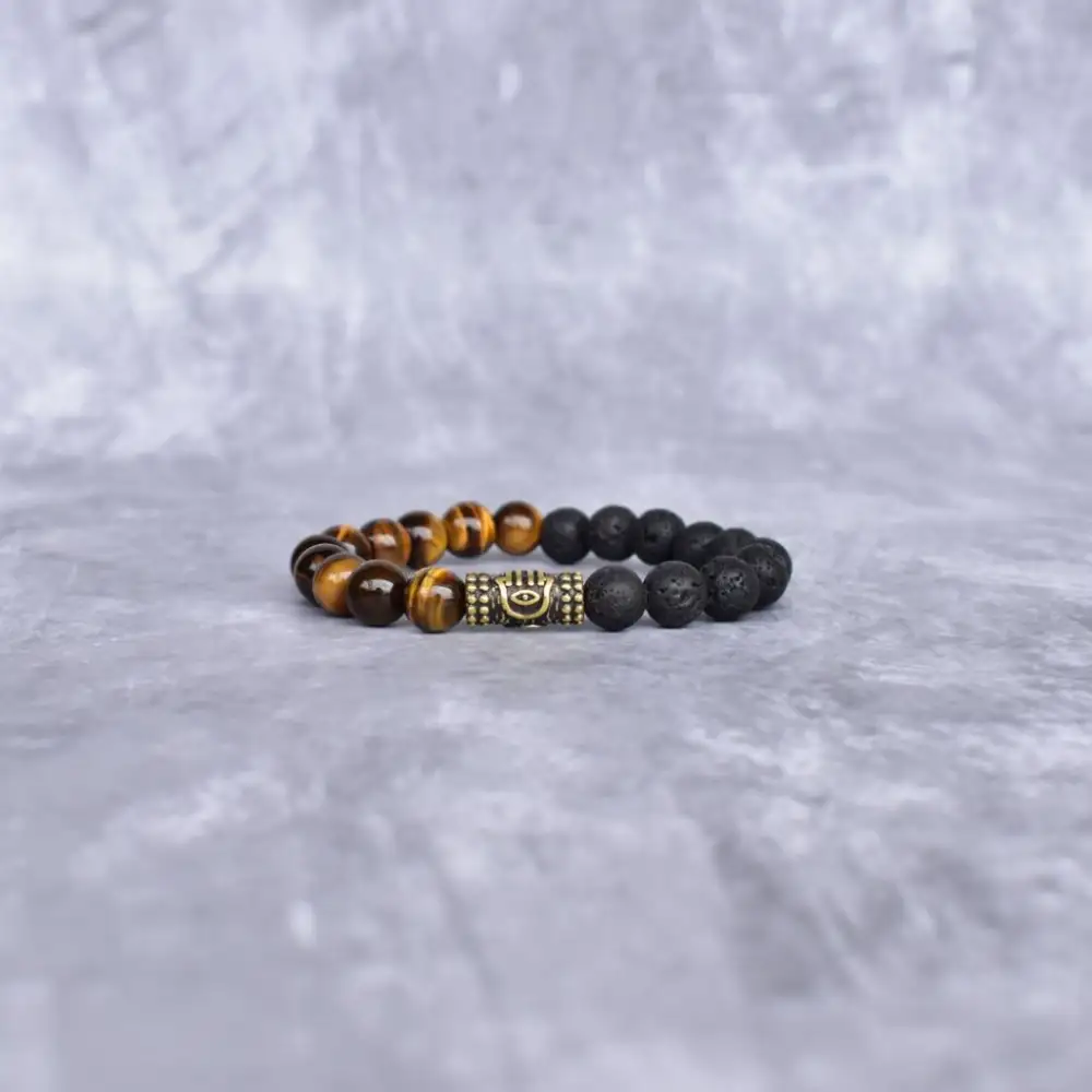 Refined Hamsa Tiger Eye Lava Bead Bracelet