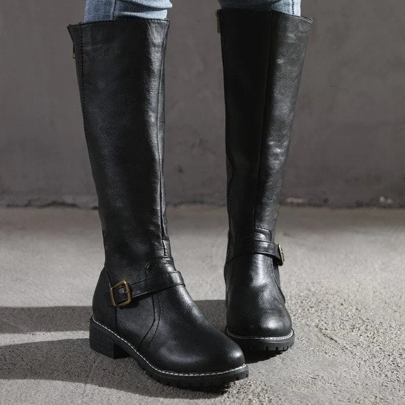 Leather Knee Tall Boots Warm Flat Buckle Riding Style Boots
