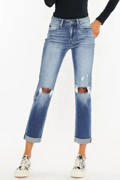 High Waist Distressed Hem Detail Cropped Denim Jeans