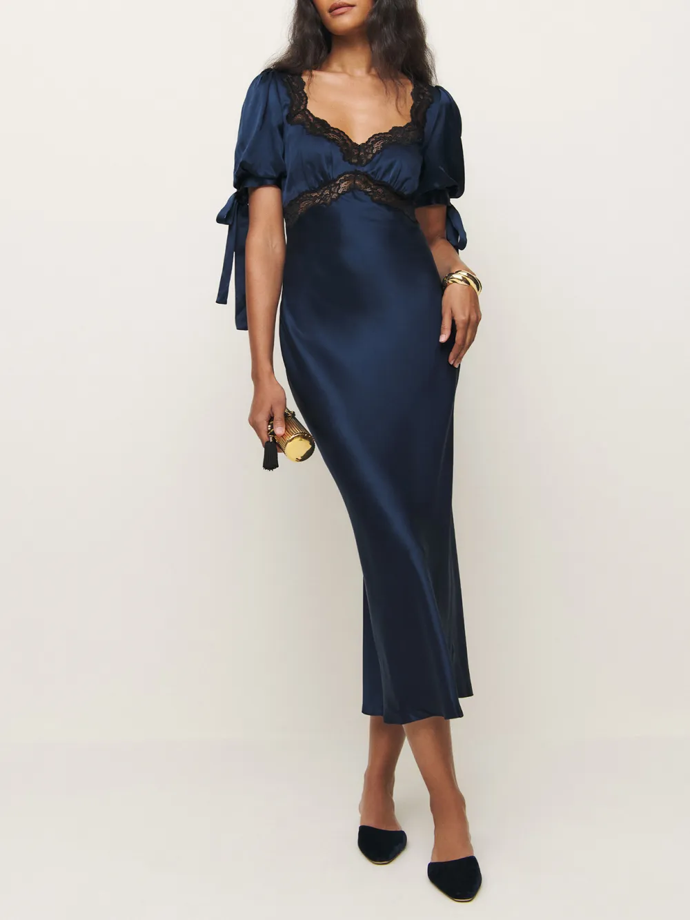 Lace Trimmed Tie Sleeve Silk Midi Dress