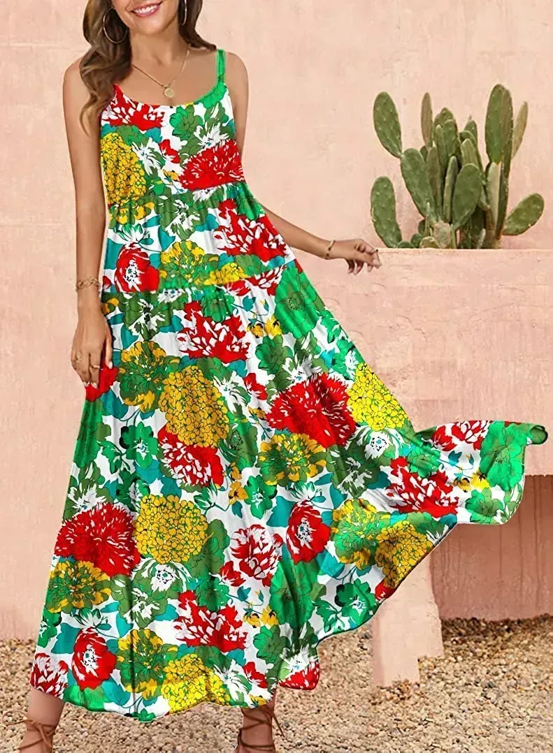 Summer Dresses for Women Casual Loose Bohemian Floral Dress with Pockets Spaghetti Strap Maxi Dress E75