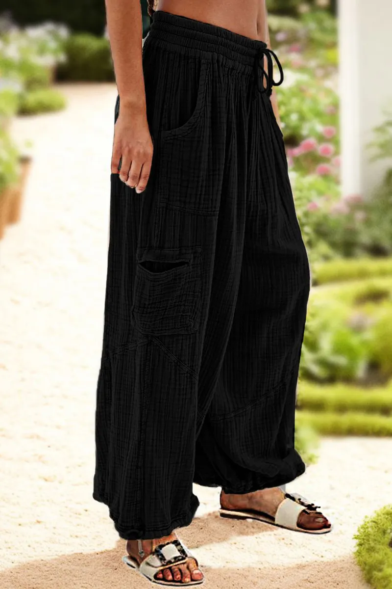 Solid Drawstring Hem Slant Pocket Wide Leg Pants