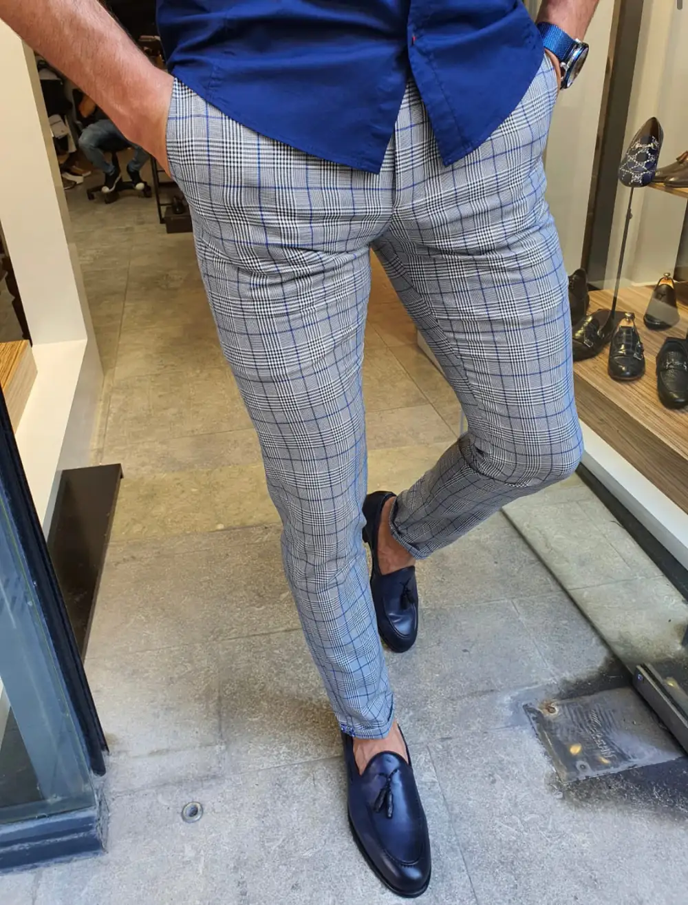 Sleek Slim Fit Plaid Tailored Trousers