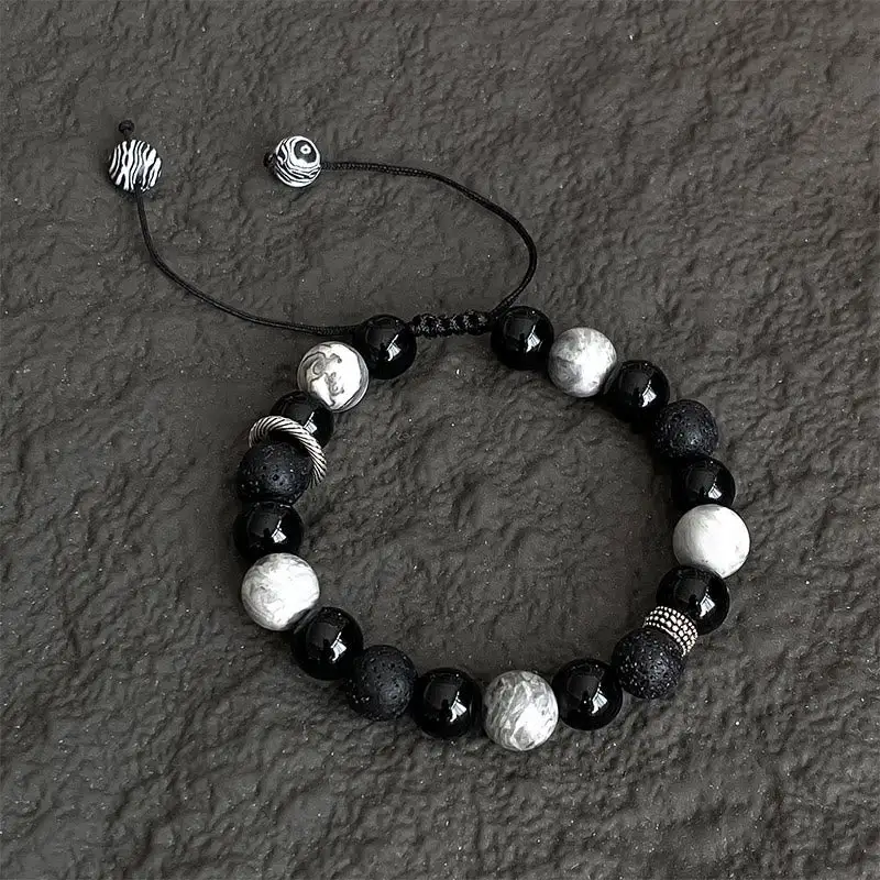 Vintage Lava Rock Obsidian Picasso Jasper Beads Bracelet