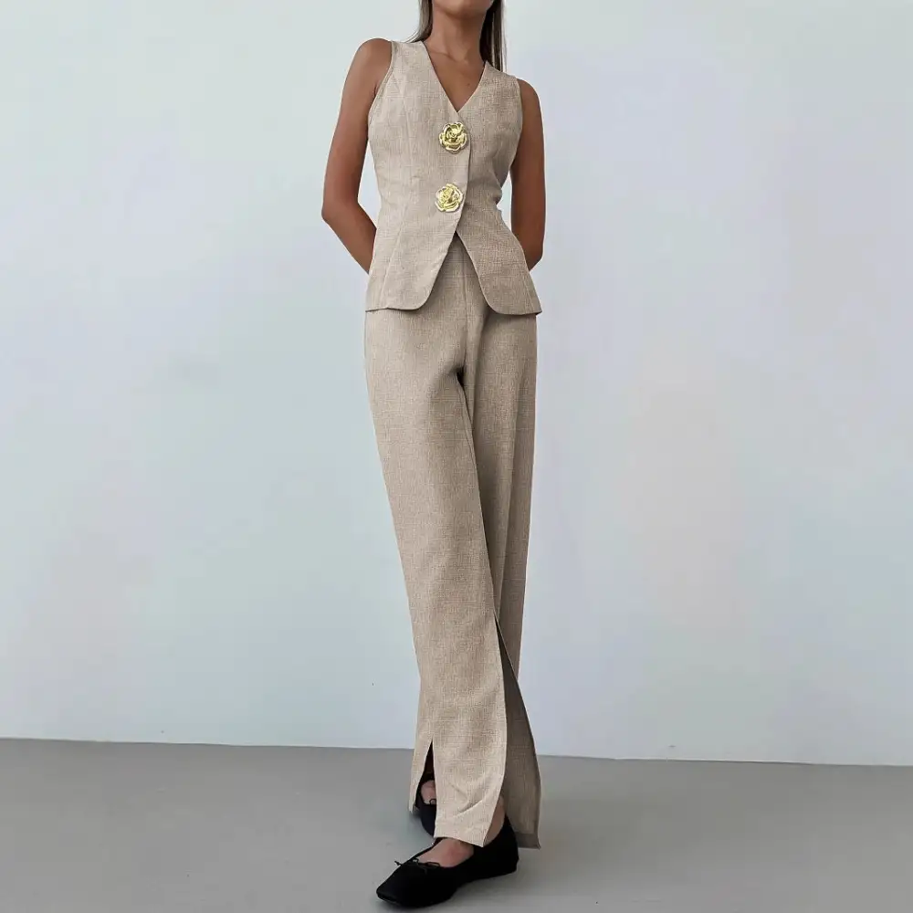 Relaxed V Neck Vest Split Leg Pants Set