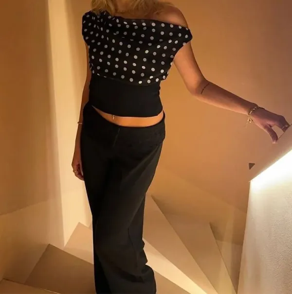 Skew-Collar Polka Dot Top