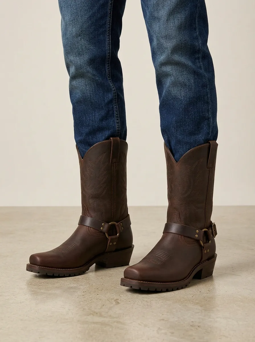 Men's Frontier Western Brown Leather Harness Printed Boots