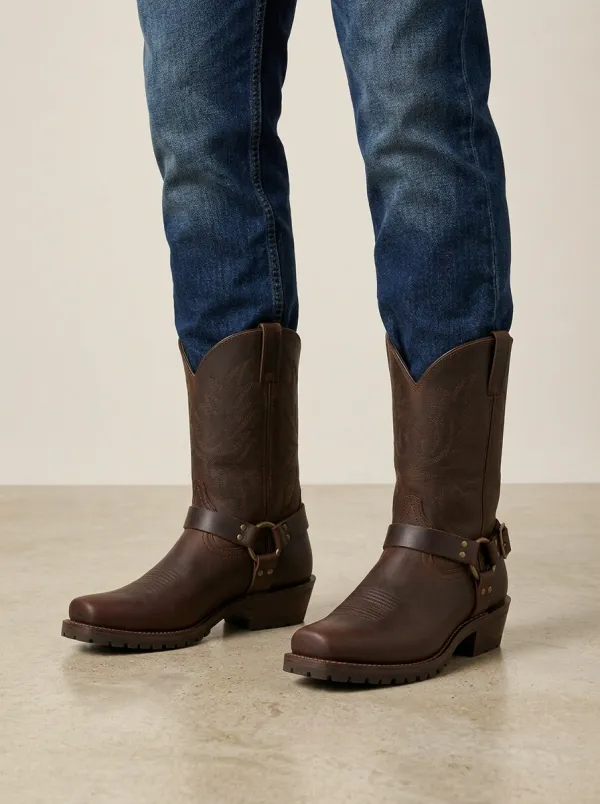 Men's Frontier Western Brown Leather Harness Printed Boots