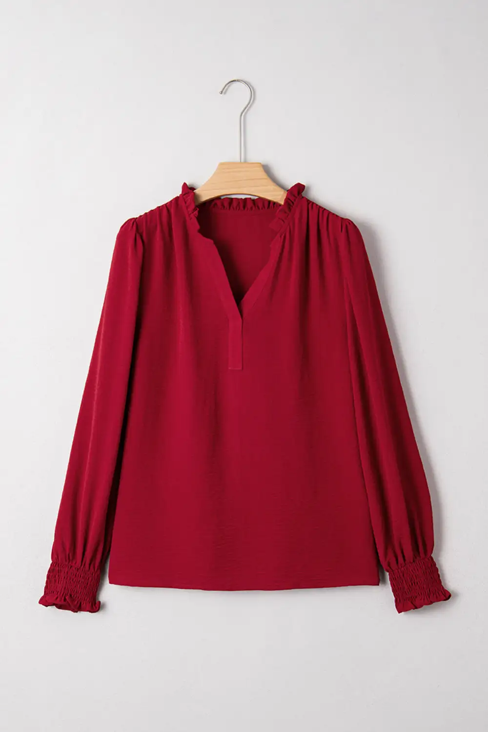 Burgundy Notched Neck Shirred Cuff Long Sleeve Blouse