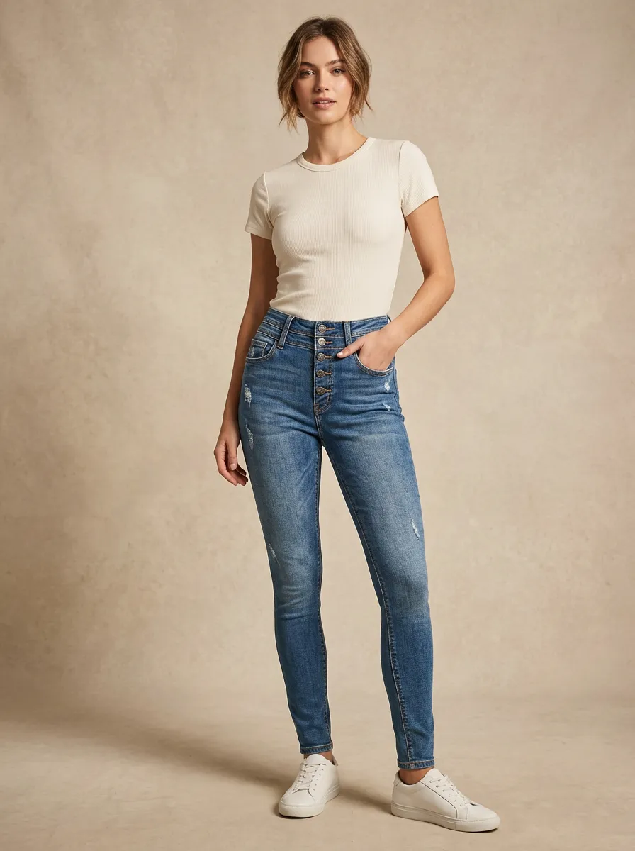 Women's Casual Button-Fly High-Rise Five-Pocket Skinny Jeans