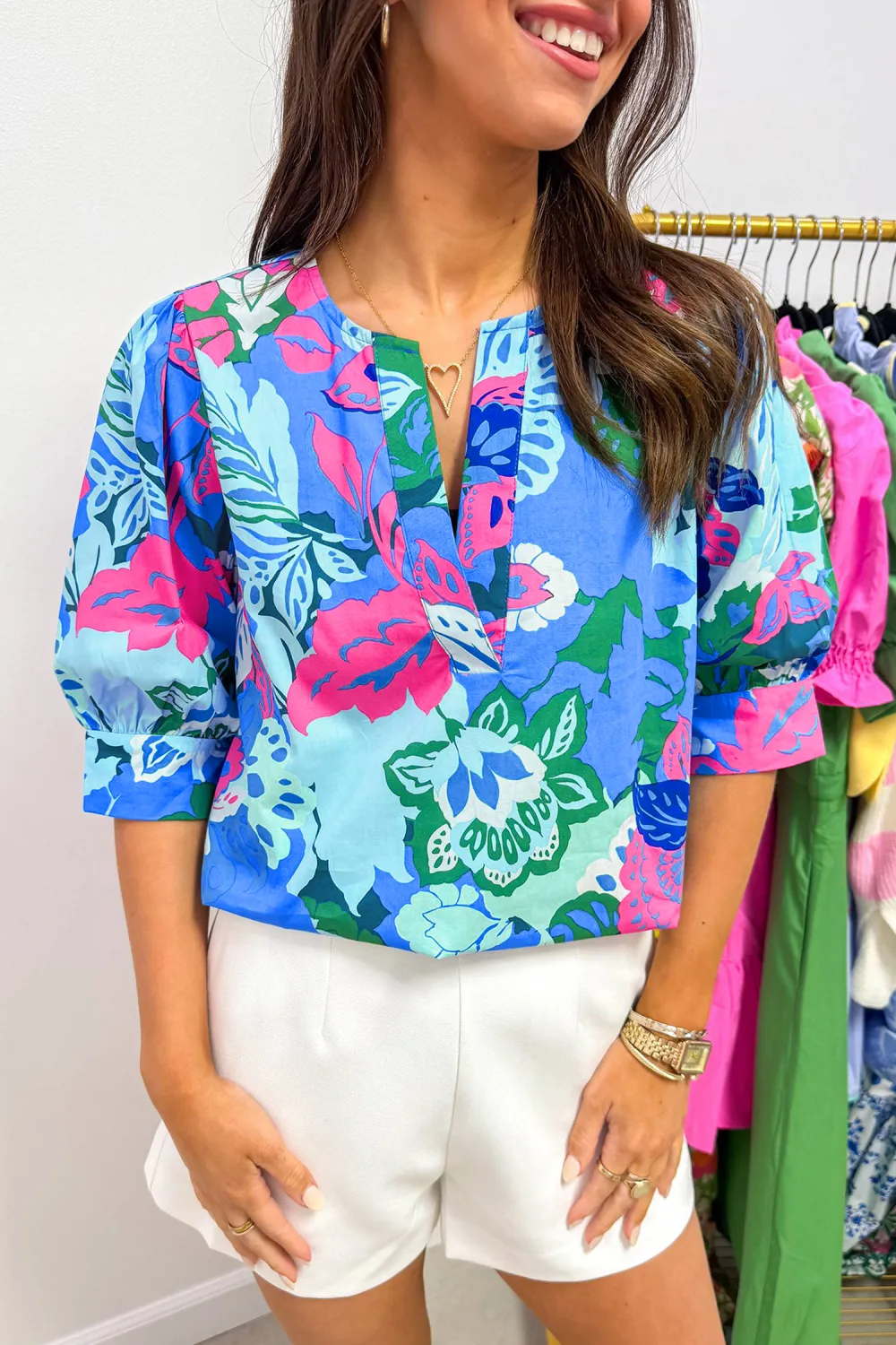 Sky Blue Floral Print V Neck Blouse