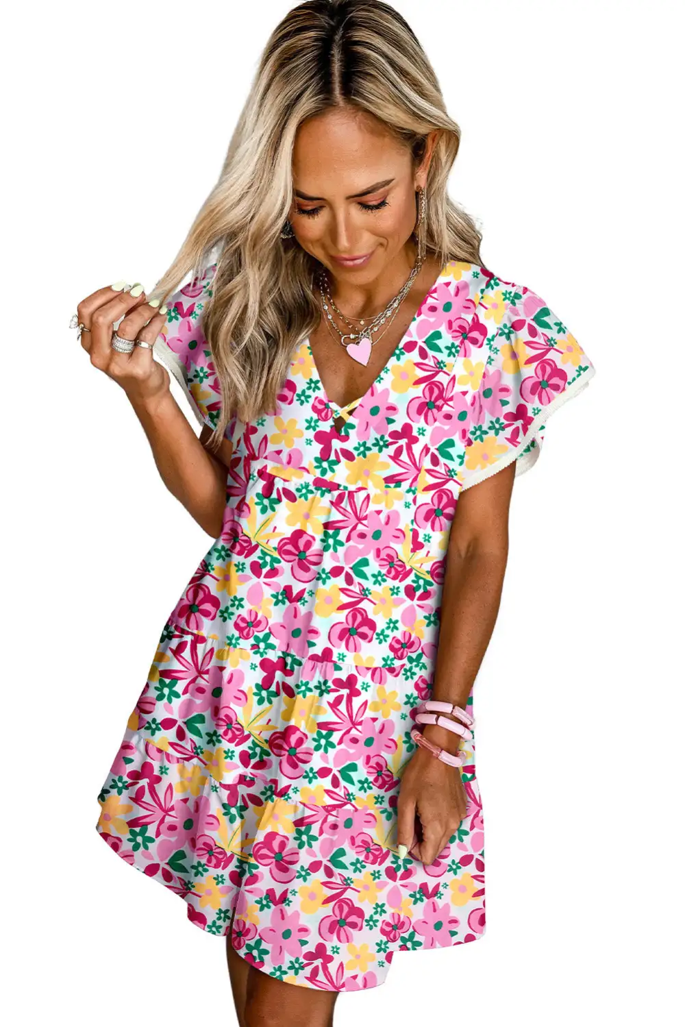 Printed Crisscross Decor V Neck Flutter Sleeve Dress