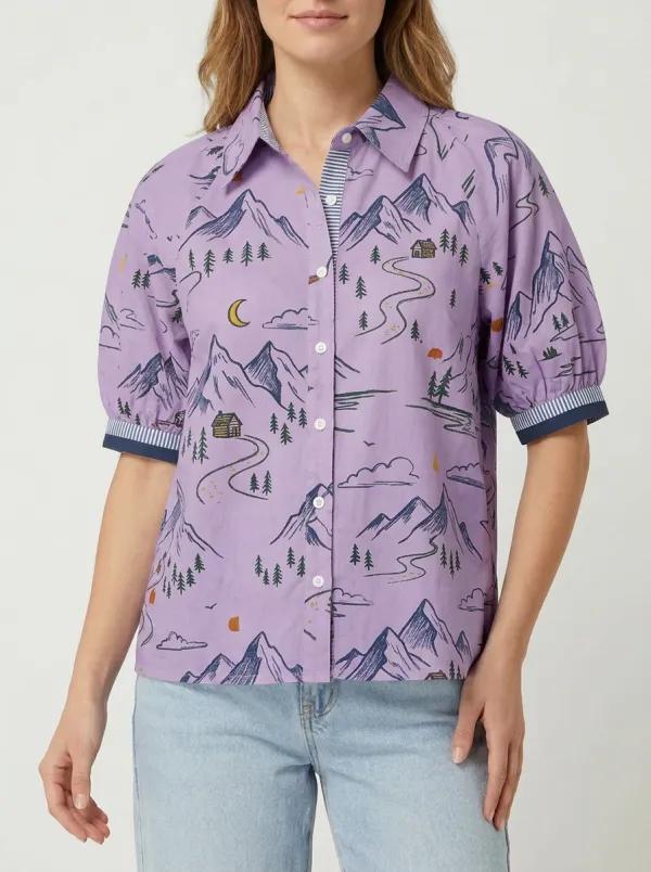 Women's Nature Lover Mountain Cabin Printed Button-up Shirt
