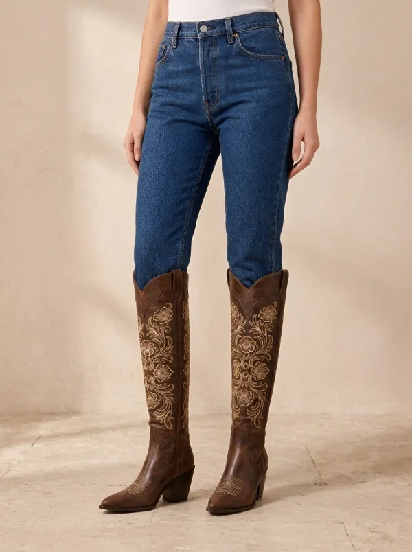 Women's Dark Brown Floral Embroidered Stacked Heel Western Over-the-Knee Boots