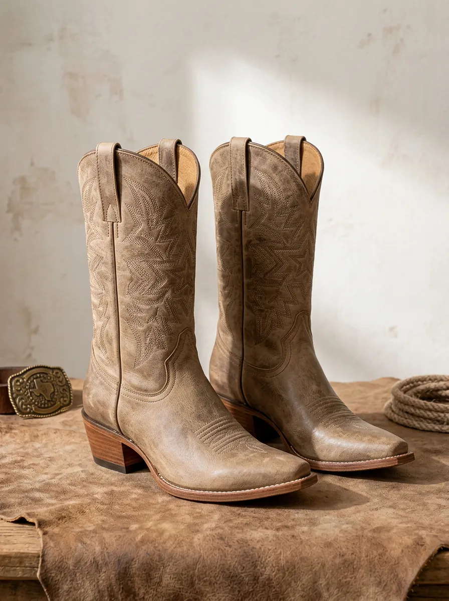 Unisex Western Cowboy Star Stitched Distressed Printed Boots