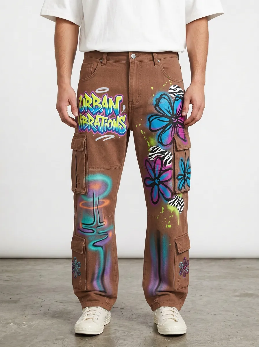 Men's Streetwear Urban Vibrations Graffiti Floral Graphic Cargo Jeans