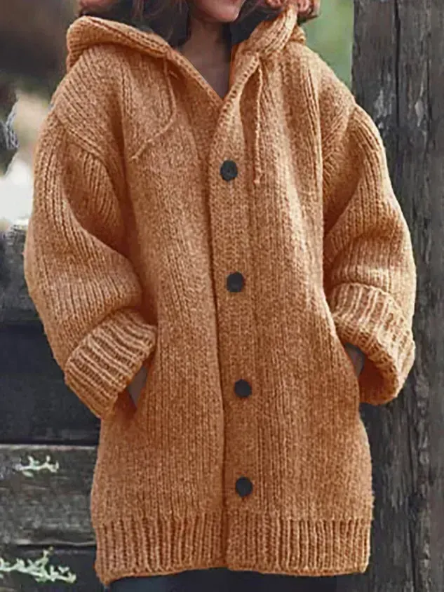 Button Down Hooded Knitted Cardigan Plus Size Knit coat For Women