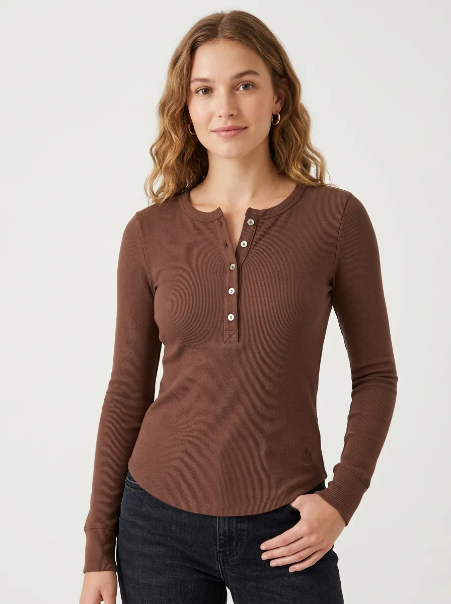 Women's Brown Ribbed Leaf Logo Buttoned Henley Shirt