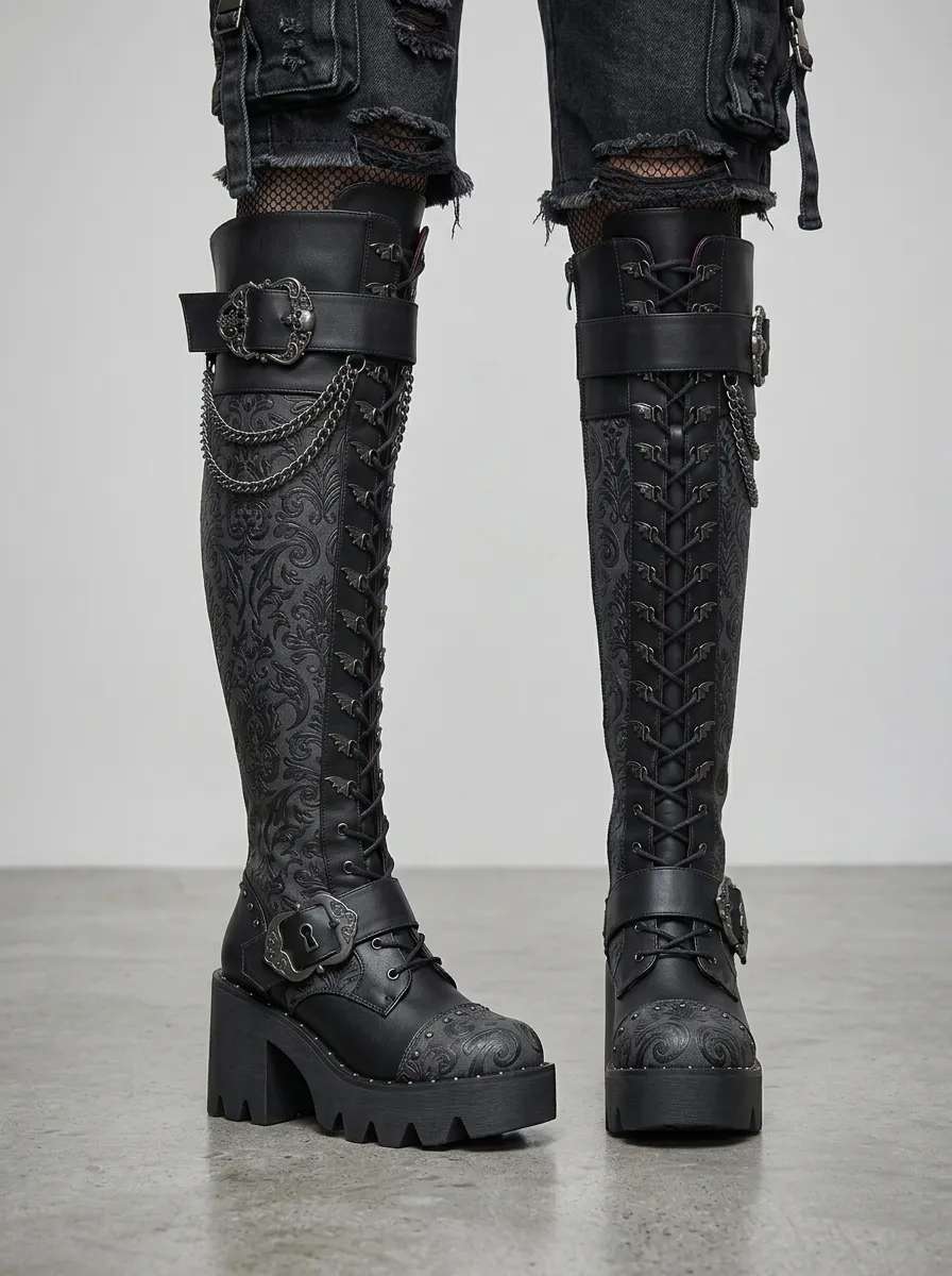 Darkwear Damask Chain Buckle Detail Women's Gothic Platform Boots
