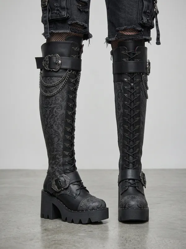 Darkwear Damask Chain Buckle Detail Women's Gothic Platform Boots