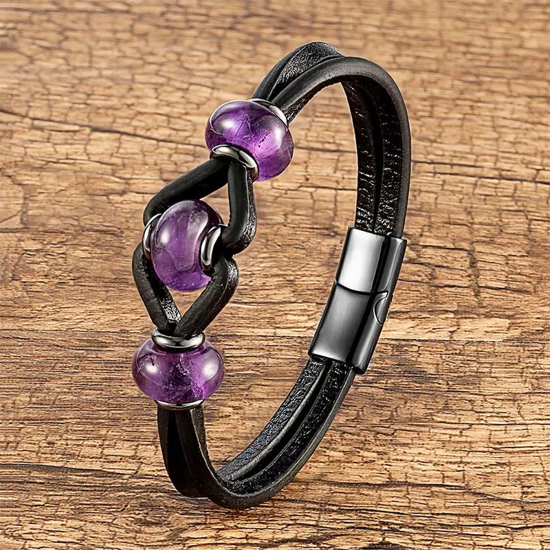 Amethyst Crystal Stone Double Leather Relieves Stress Bracelet