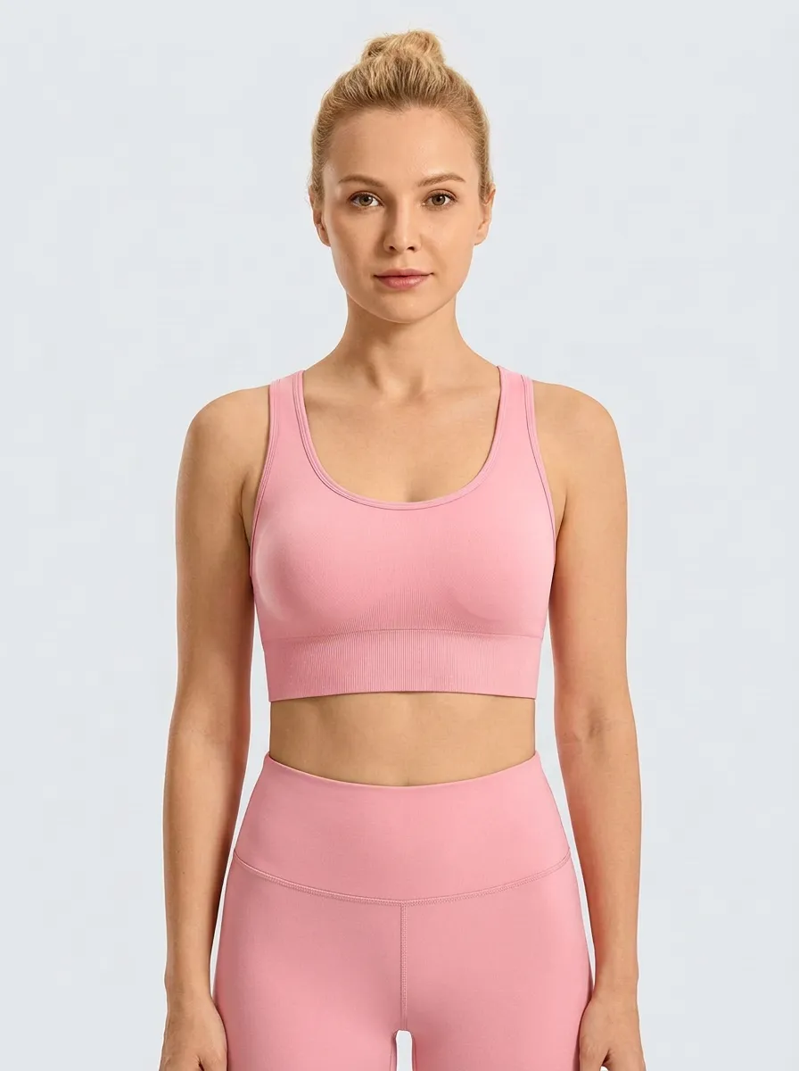 Women's Scoop-Neck Racerback Ribbed Seamless Wide-Strap Sports Bra