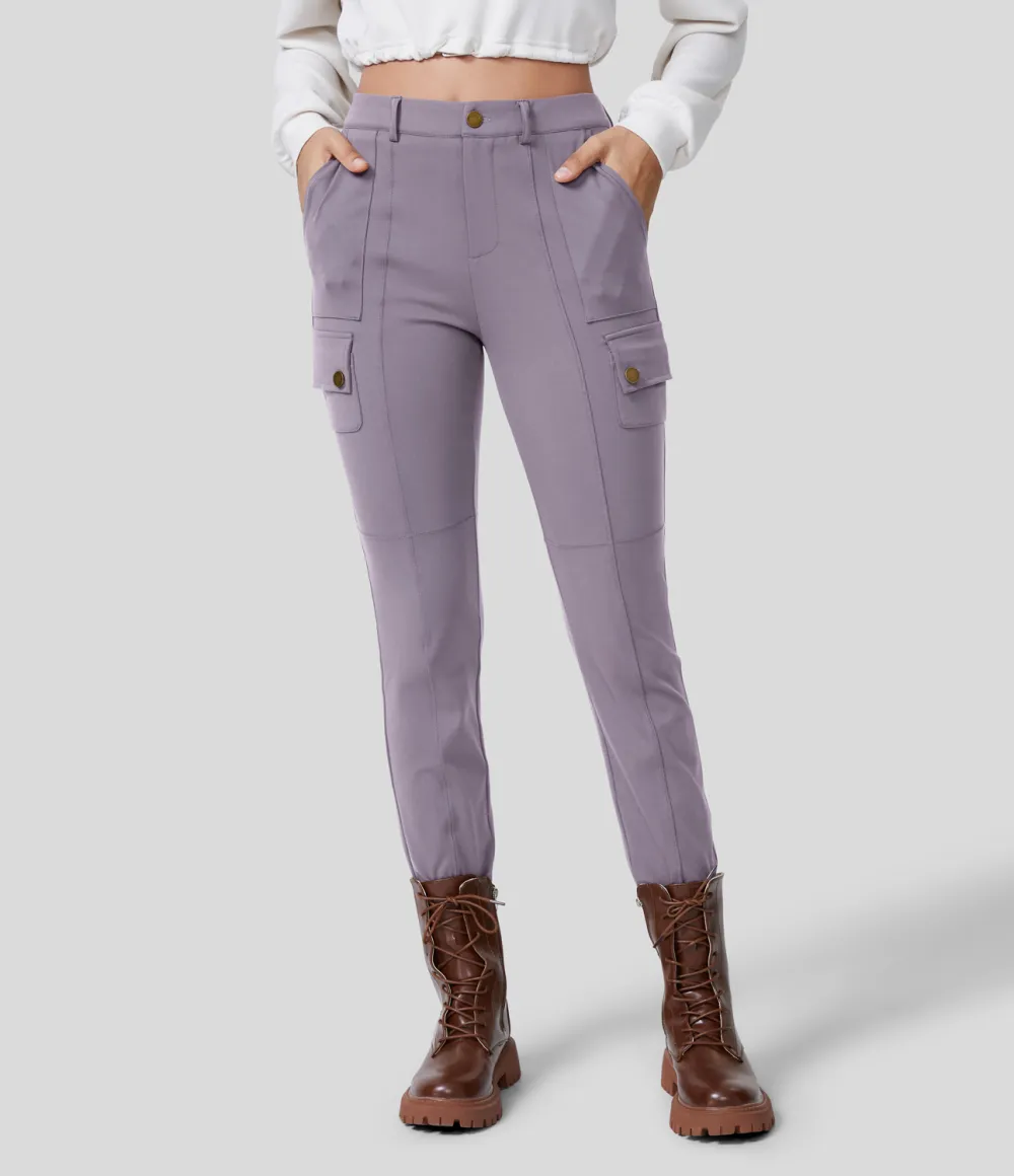 High Waisted Button Zipper Multiple Pockets Solid Skinny Cargo Pants