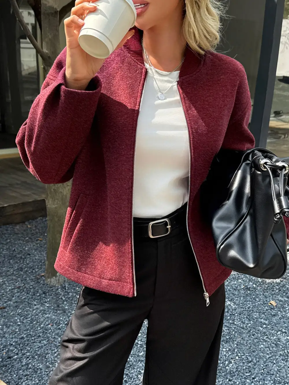 Oversized Relaxed Stand Collar Zip Front Bomber Jacket