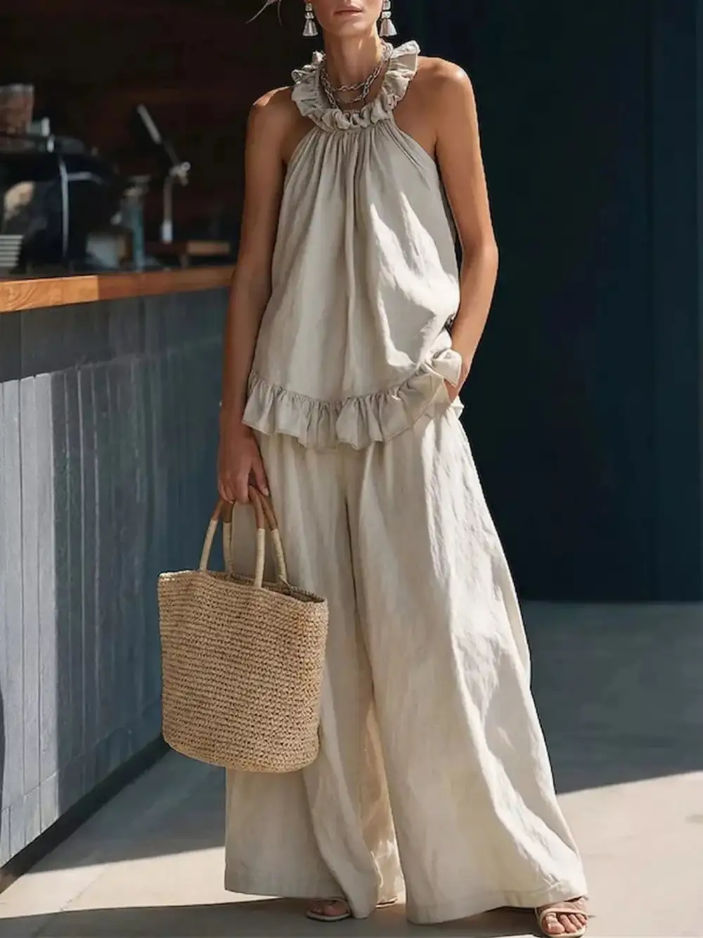 Full Size Ruffled Halter Neck Top and Wide Leg