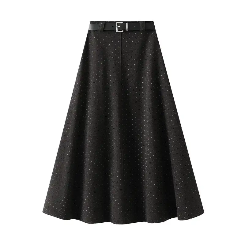 Flowing Belted Polka Dot Woolen Long Skirt