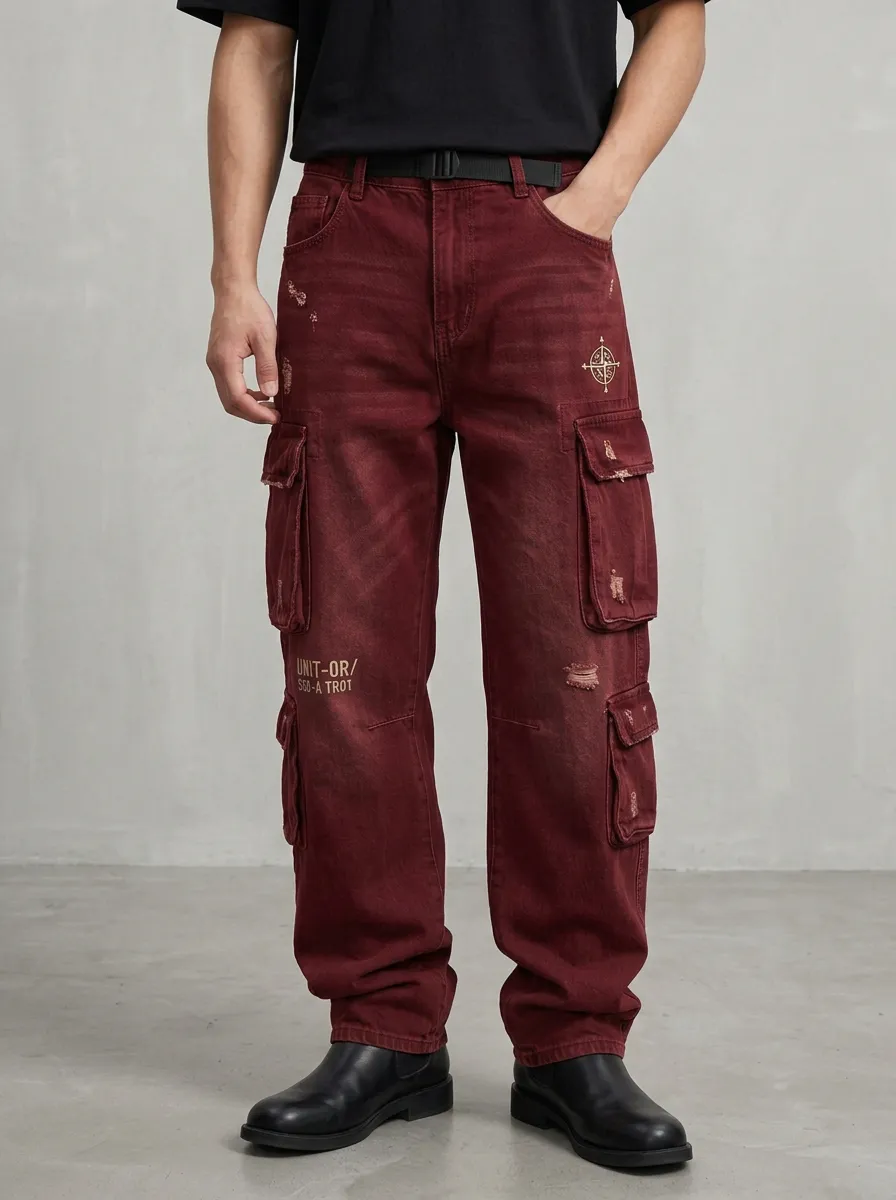 Men's Streetwear Compass Graphic Distressed Graphic Cargo Pants